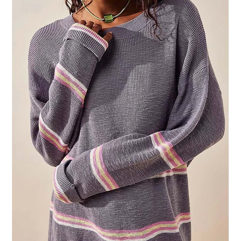Women's Striped Sweater Set Crew Neck Knit Knitted Fall Winter Work Streetwear Casual Long Sleeve Striped Blue Green4