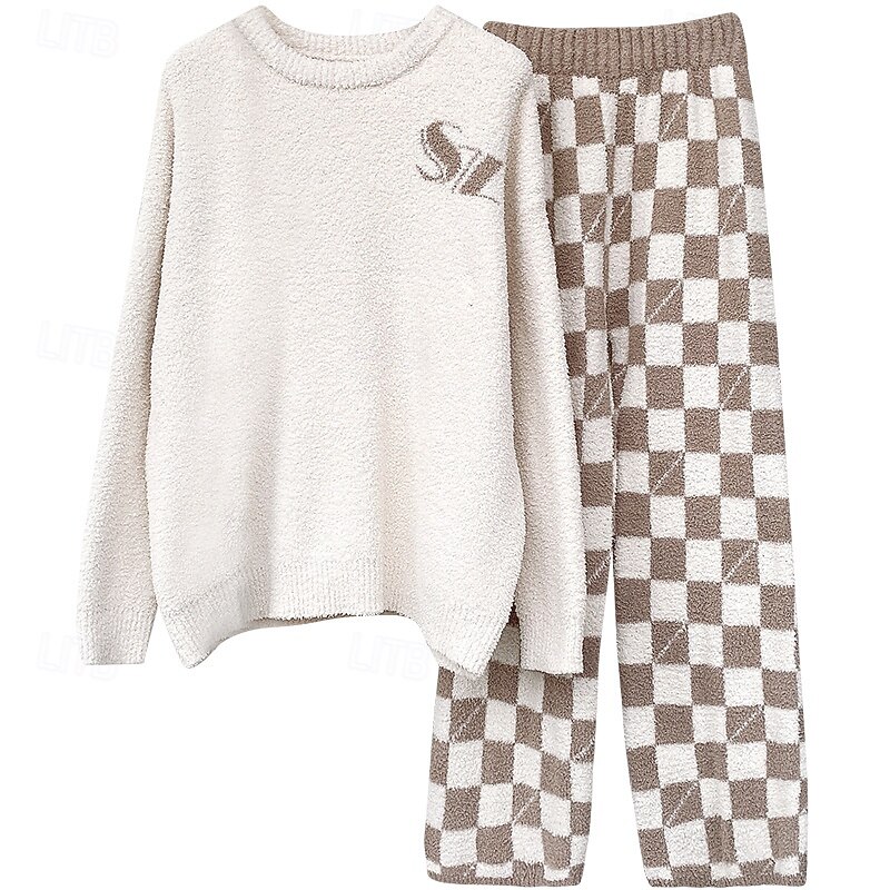 Women's Pajamas Loungewear 2 Pieces Graphic Warm Comfort Home Daily Fleece Warm Breathable Crew Neck Long Sleeve Pullover Pant Fall Winter Home Outfits2