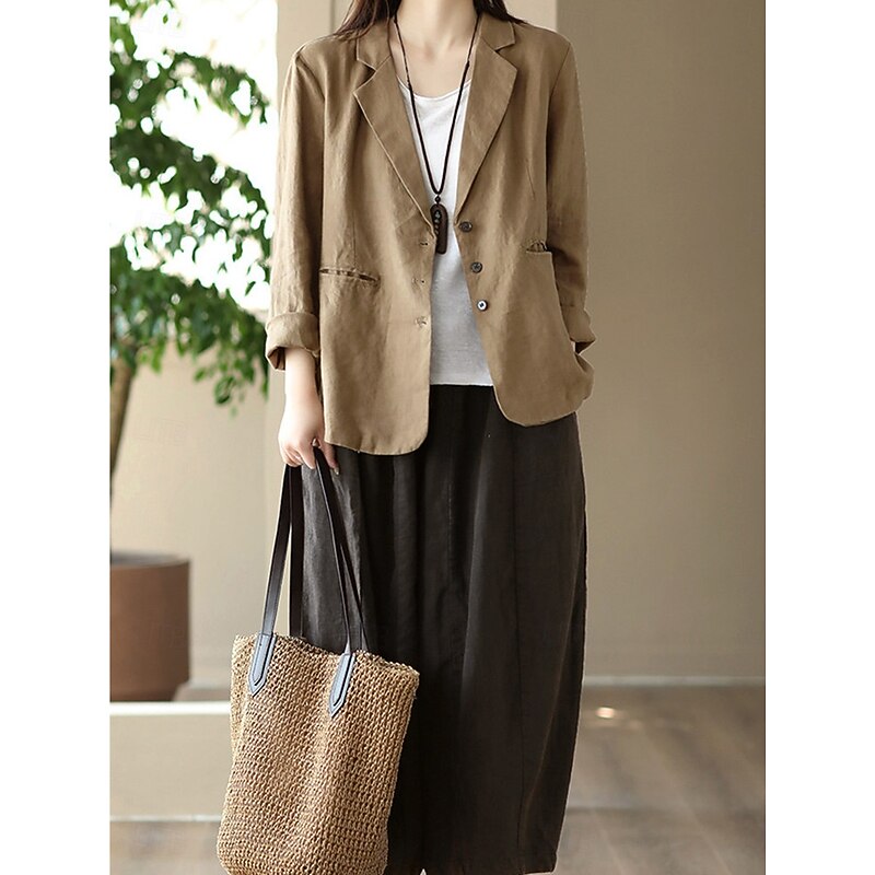 Women's Blazer Work Button Solid Color Breathable OL Style Regular Fit Outerwear Long Sleeve Fall Orange M2