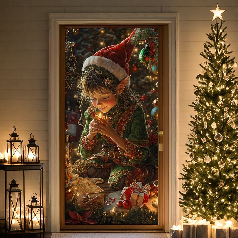 Christmas Door Decorations Door Covers Xmas Elf Door Tapestry Door Curtain Decoration Backdrop Indoor/Outdoor Door Banner for Front Door Farmhouse