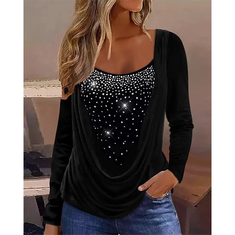Women's Shirt Sequin Sparkly Party Solid Color Basic Casual Long Sleeve Crew Neck Regular Tops Daily Patchwork Black Wine Green Fall Winter3
