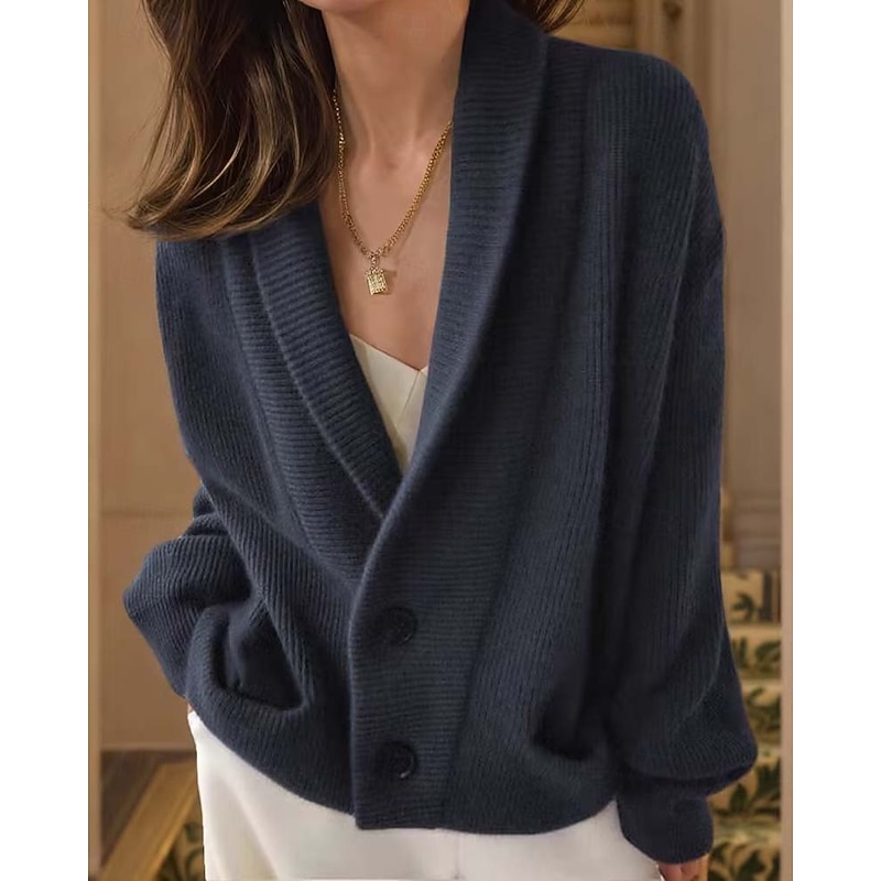 Women's Cardigan Daily Basic Solid Color Open Front Knitted Long Sleeve Regular Tops Knit Work Navy Blue Brown Fall Winter