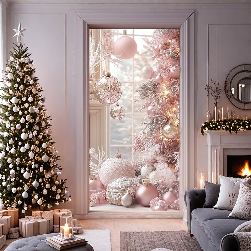 Christmas Door Decorations Door Covers Pink Xmas Ornaments Door Tapestry Door Curtain Decoration Backdrop Indoor/Outdoor Door Banner for Front Door Farmhouse3