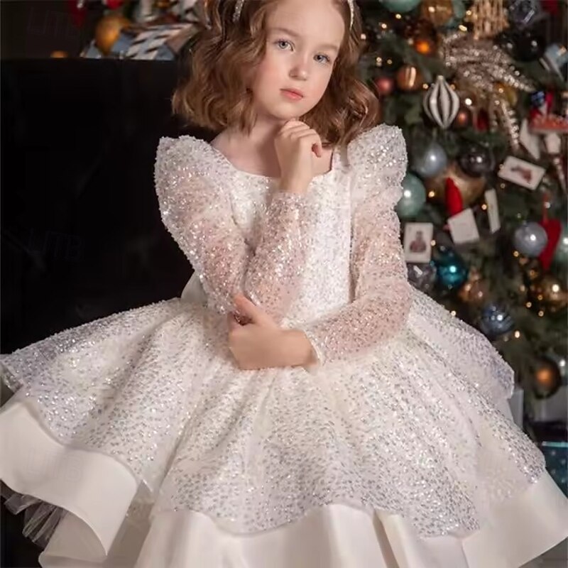 Kids Girls' Party Dress Solid Color Long Sleeve Performance Wedding Party Mesh Princess Sweet Mesh Mid-Calf Sheath Dress Tulle Dress Summer Spring Fall kids White Champagne3