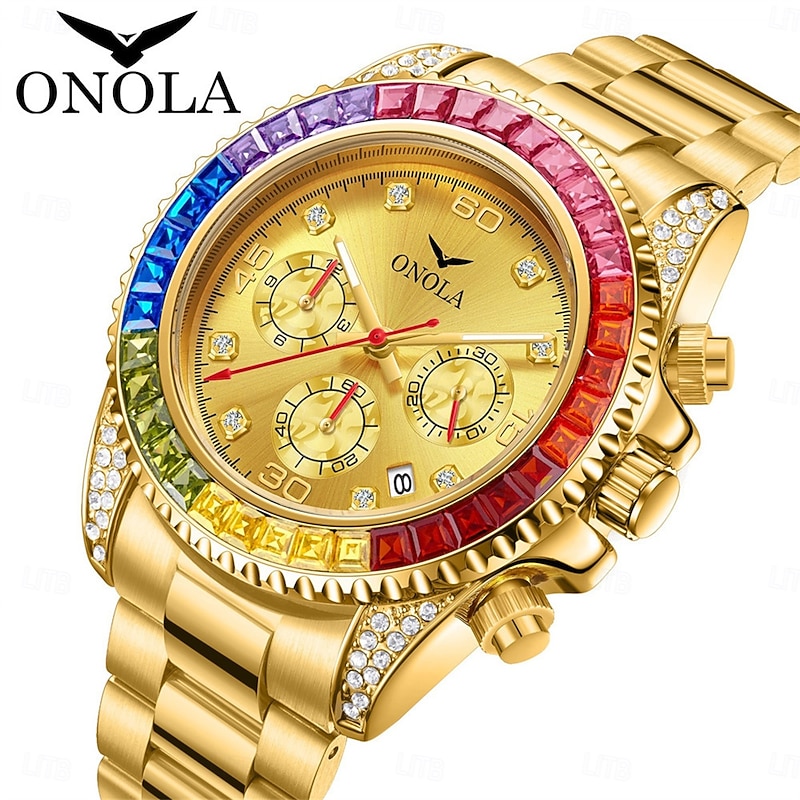 ONOLA Luxury Iced Watches Men Automatic Date Multifunctional Steel Clocks Fashion Rainbow Diamond Quartz Wristwatch