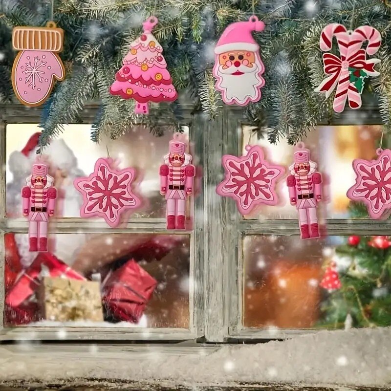 24pcs Christmas Pink Wooden Ornaments, Xmas Tree Pendant Decoration - Vintage Pink Gingerbread, Mittens, Nutcracker, Santa, Trees, and Snowflakes for Christmas2