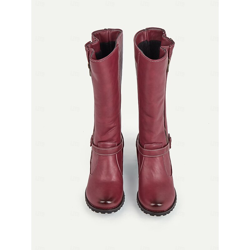 Women's Mid-Calf Faux Leather Boots with Double Zipper and Buckle Strap – Casual Western Style for Outdoor and Everyday Wear4