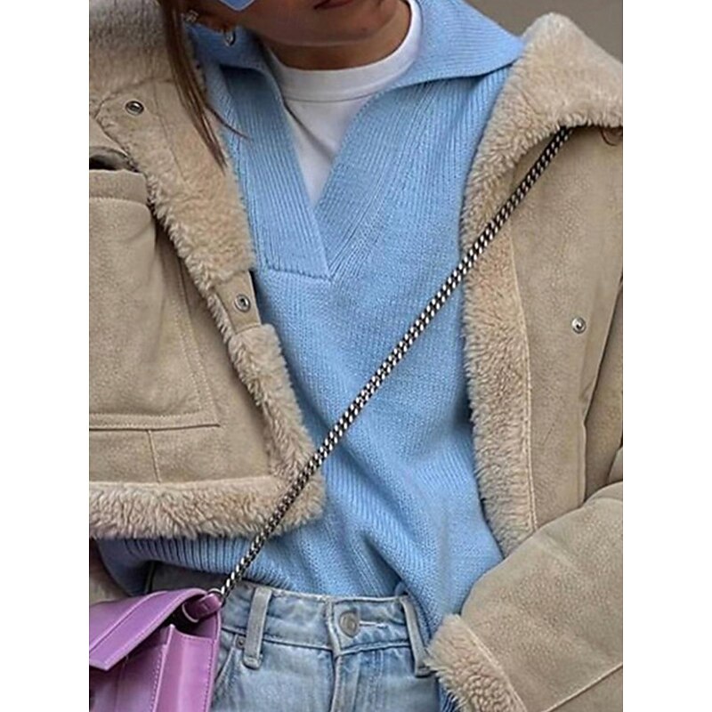 Women's Sweater Pullover Sweater Jumper Casual Soft Pure Color Ribbed Shirt Collar Knitted Long Sleeve Regular Tops Knit Outdoor Daily Weekend White Green Fall Winter2