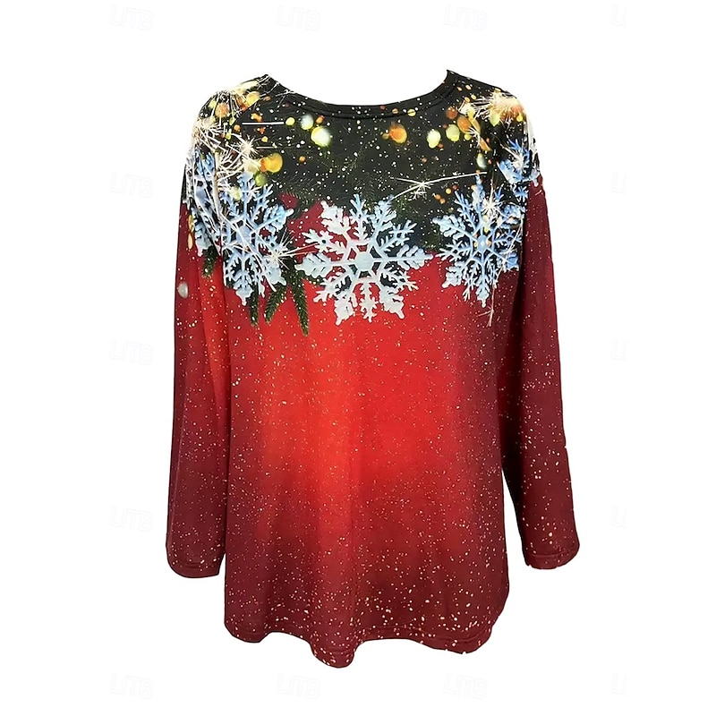 Women's T Shirt Holiday Themed T-Shirt Long Sleeve Snowflake Tree Ornament Print Casual Red Winter Apparel Regular Fit Festive Top2
