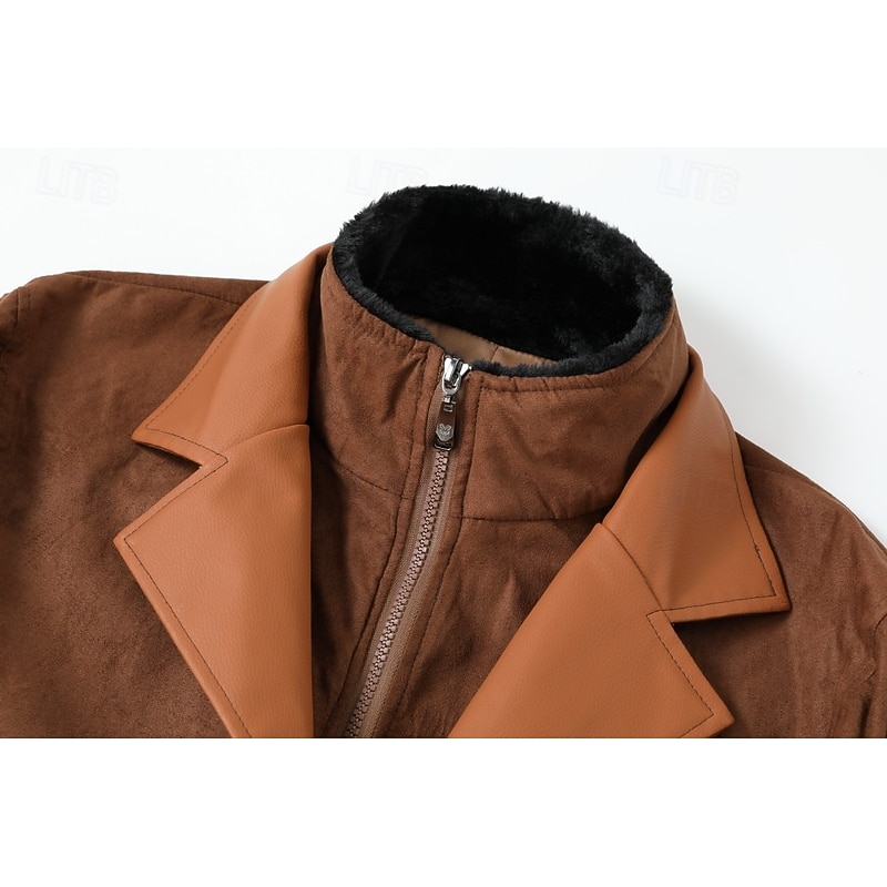Men's Windbreaker Faux Suede Jacket Western Leather Jacket Daily Vacation Thermal Warm Fleece Collar No Fleece Lining Fall & Winter Plain Fashion Streetwear Hooded Regular Brown Khaki Grey Jacket3