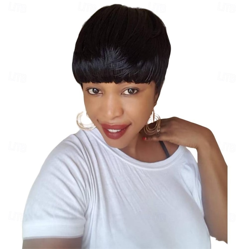 Pixie Cut Wig Human Hair Wigs For Black Women Short Layered Pixie Cut Wigs Full Machine Made Wigs Brazilian Virgin Human Hair Wigs For Women Glueless Wigs Natural Black Color