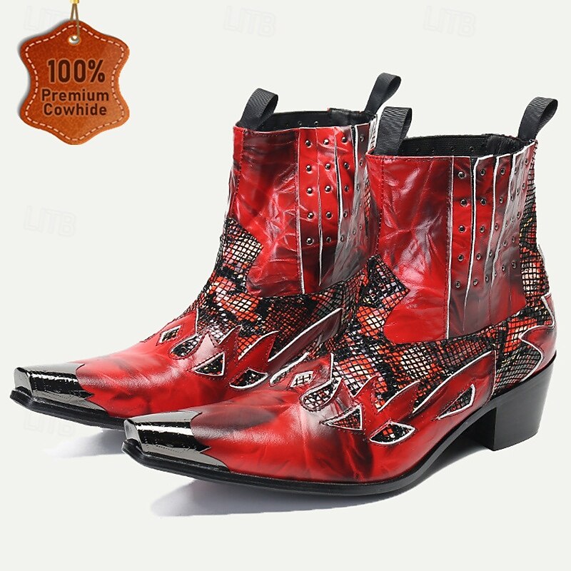 Men's Red Snakeskin Leather Motorcycle Boots–Western Style Studded Pointed Toe Ankle Boots with Gold Tip Flame Cut-Out Design for Bold Fashion