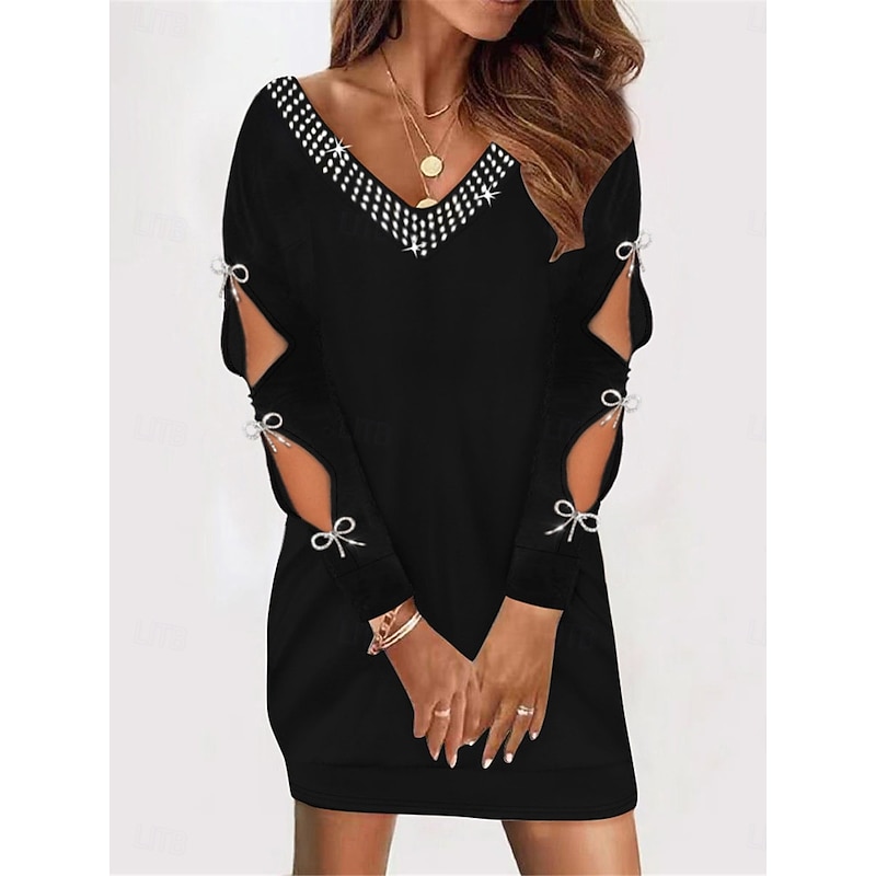 Women's Mini Dress Black Dress Sequin Dress Casual Dress Cocktail Dress Casual Sports & Outdoor Street Regular Fit Plain Long Sleeve V Neck Black Fall Winter