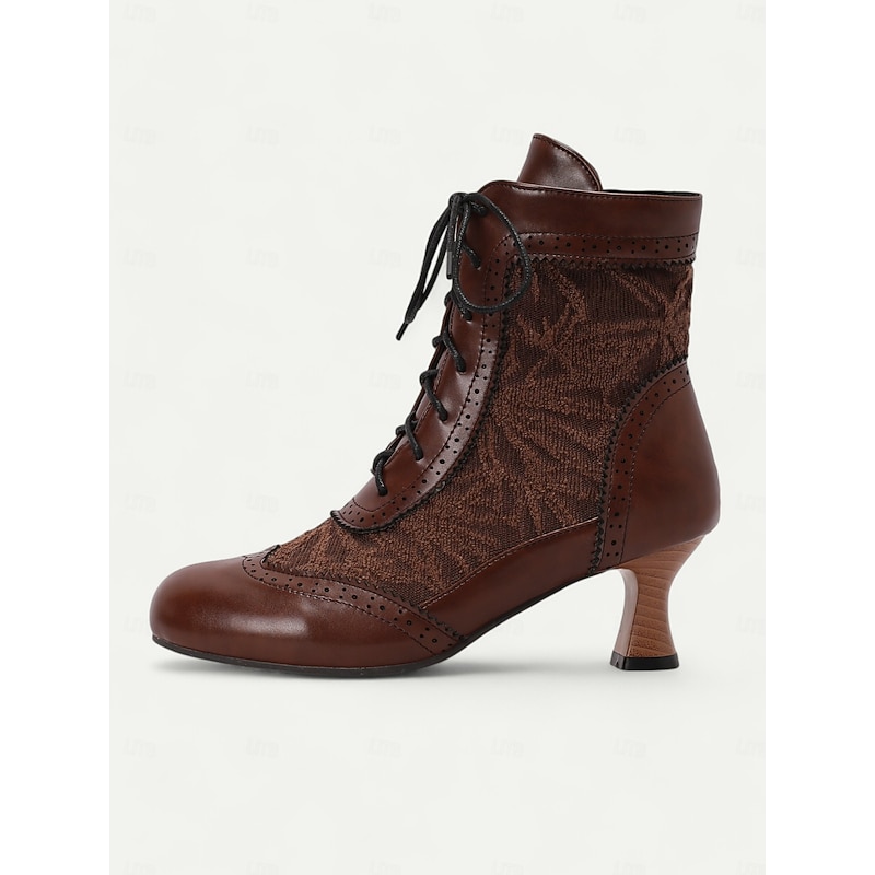 Victorian Style Women's Ankle Boots with Lace Design and Faux Leather Accents – Vintage Lace-Up Footwear for Casual and Costume Occasions2