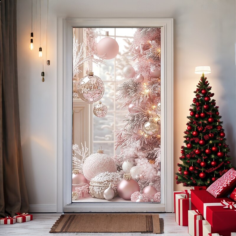 Christmas Door Decorations Door Covers Pink Xmas Ornaments Door Tapestry Door Curtain Decoration Backdrop Indoor/Outdoor Door Banner for Front Door Farmhouse4