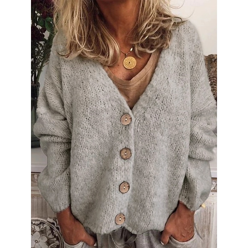 Women's Cardigan V Neck Knit Knitted Textured Fall Winter New Year Work Streetwear Casual Long Sleeve Solid Color Gray