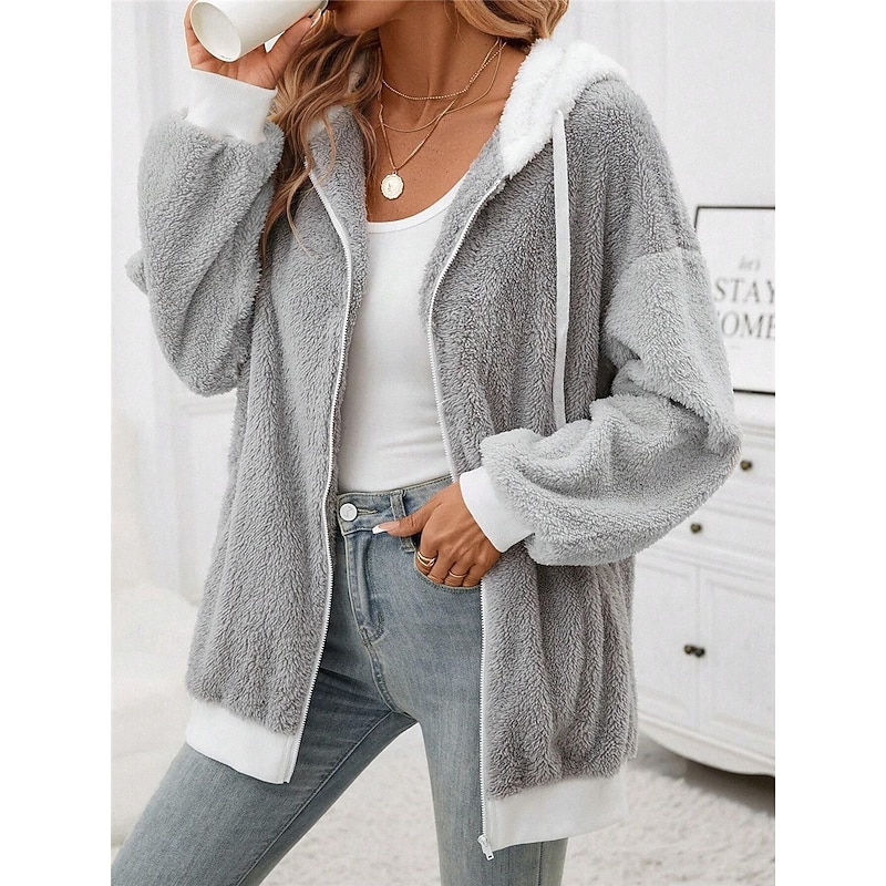 Women's Teddy Coat Hoodie Jacket Outdoor Street Daily Wear Fall Winter Regular Coat Regular Fit Thermal Warm Breathable Stylish Casual Jacket Long Sleeve Plain with Pockets Full Zip Gray3