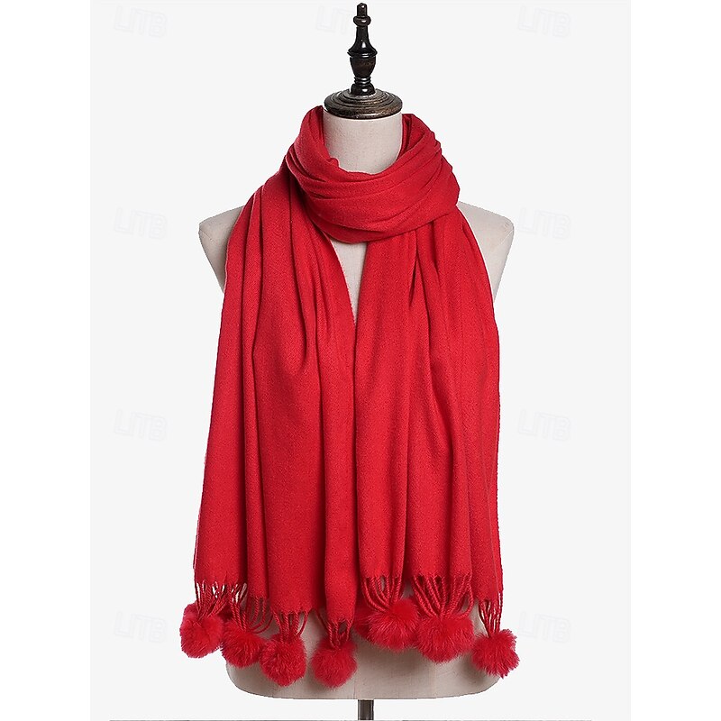 Women's Red Winter Scarf with Pom Pom Tassels – Cozy and Stylish Wrap for Cold Weather and Holiday Outfits2