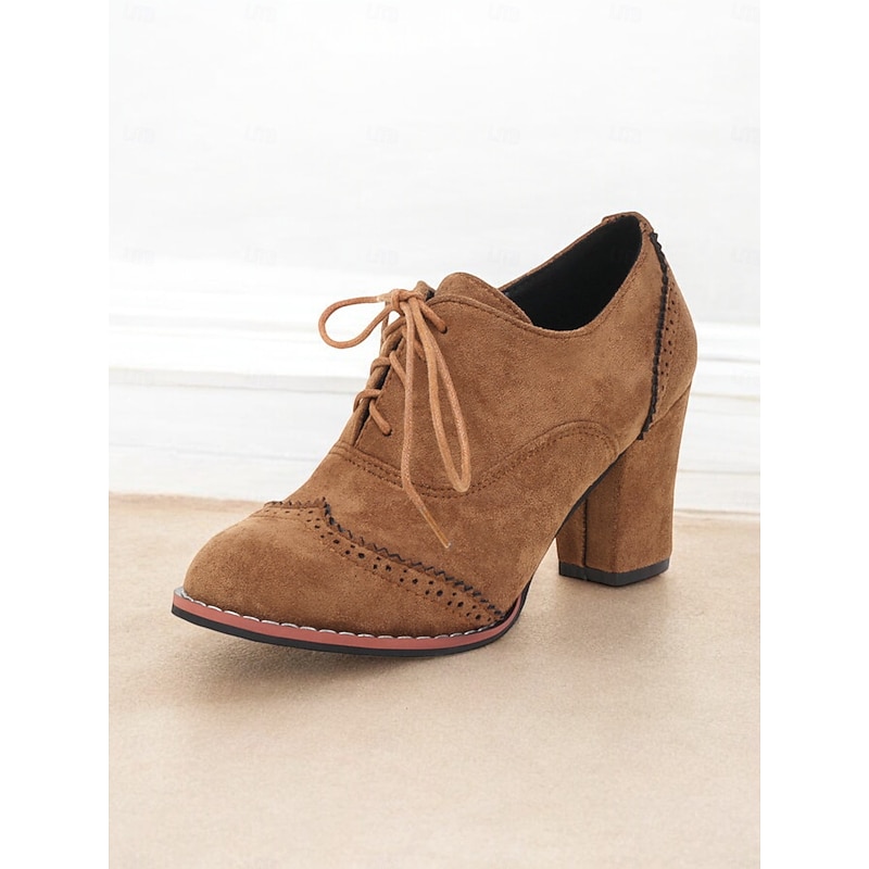 Women's Faux Suede Lace-Up Oxford Shoes with Block Heels – Vintage Style Brogue Pumps for Casual and Office Wear3