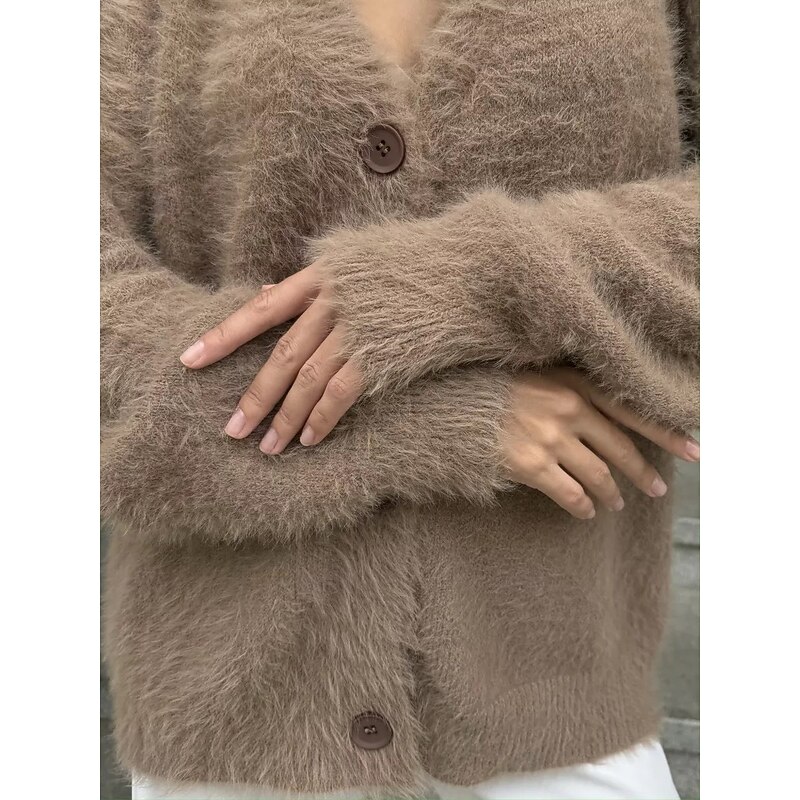 Women's   Knit Fuzzy Oversized Cardigan V Neck Cardigan Fall Winter Work Elegant Streetwear Daily Long Sleeve Solid Color Brown Light Grey2