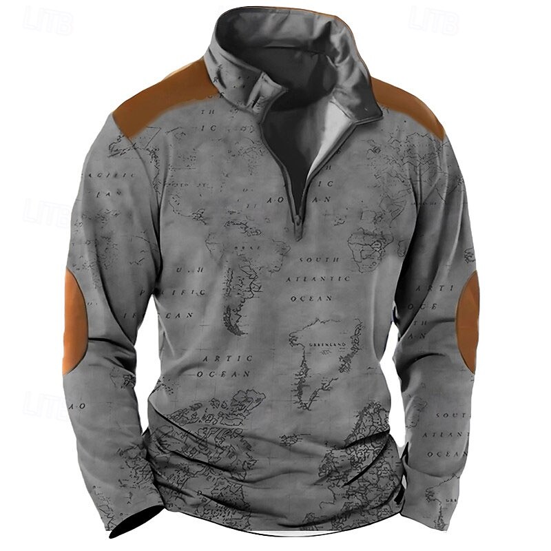 Men's Nautical Map Sweatshirts Street Style Vintage Retro Long Sleeve Quarter Zip Hunting Streetwear Blue Brown Print Spring &  Fall Designer2