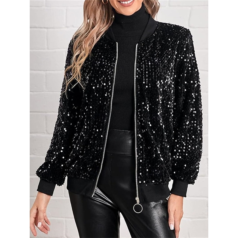 Women's Bomber Jacket Outdoor Street Daily Wear Fall Winter Short Coat Regular Fit Thermal Warm Breathable Stylish Casual Jacket Long Sleeve Plain Sequins with Pockets Black