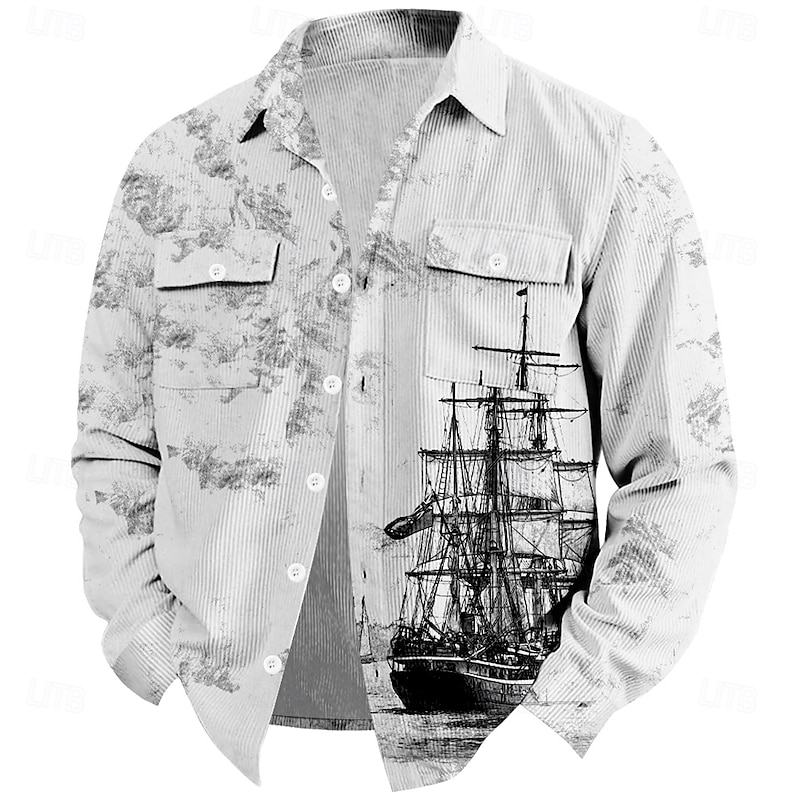 Men's Nautical Corduroy Shirt Shirt Jacket Overshirt Long Sleeve Vintage Tribal Outdoor Dailywear Fall & Winter Turndown Collared Shirts Buttons 3D Print 2 Pockets 1pc White Dark Red Army Green Brown3