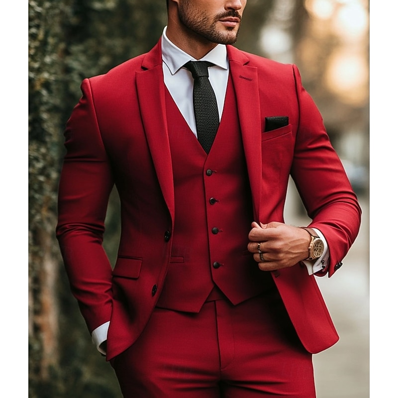 Men's Wedding Christmas Suits Red Fashion Daily Solid Colored Standard Fit 3 Piece Single Breasted Two-buttons3