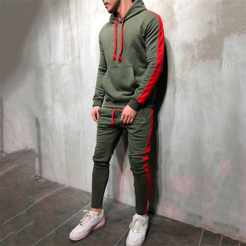 Men's Tracksuit Jogging Suit Drawstring Pocket Color Block Hoodie Jacket and Sweatpants Athletic Clothing Set Spring Dark Grey Black Gym Workout Jogging Running Soft Breathable Long Sleeve Sport