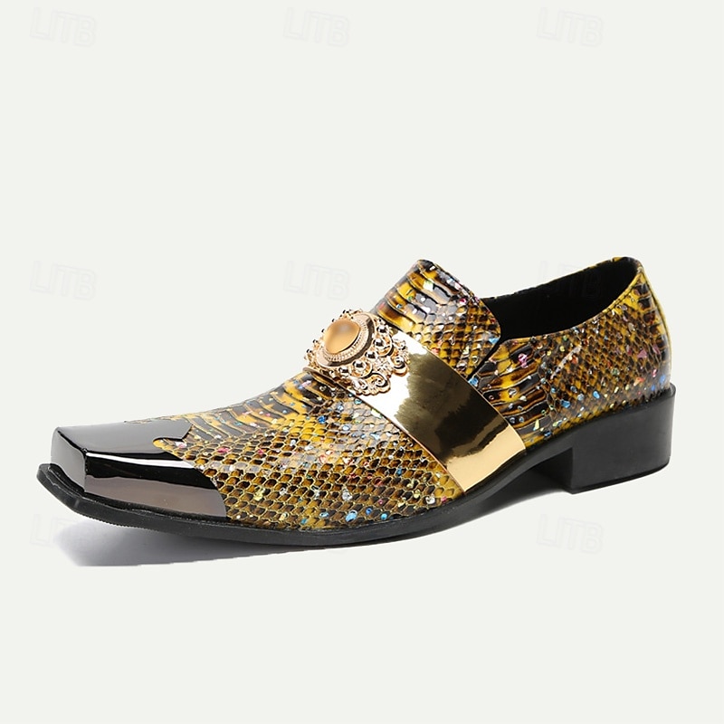 Men's Snake Print Leather Slip-On Dress Shoes with Gold Tip Gold Metal Embellishment–Premium Cowhide, Formal Party Footwear3