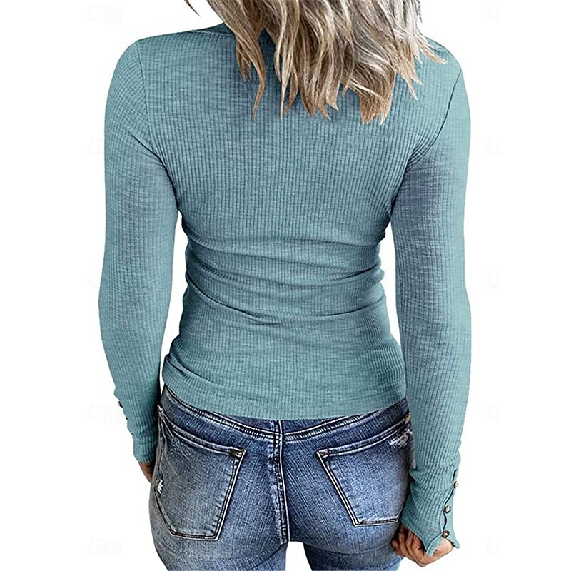 Women's T Shirt Plain Fashion Modern Casual Long Sleeve Crew Neck Regular Tops Daily Weekend Buttons Blue Brown Gray Fall Winter2