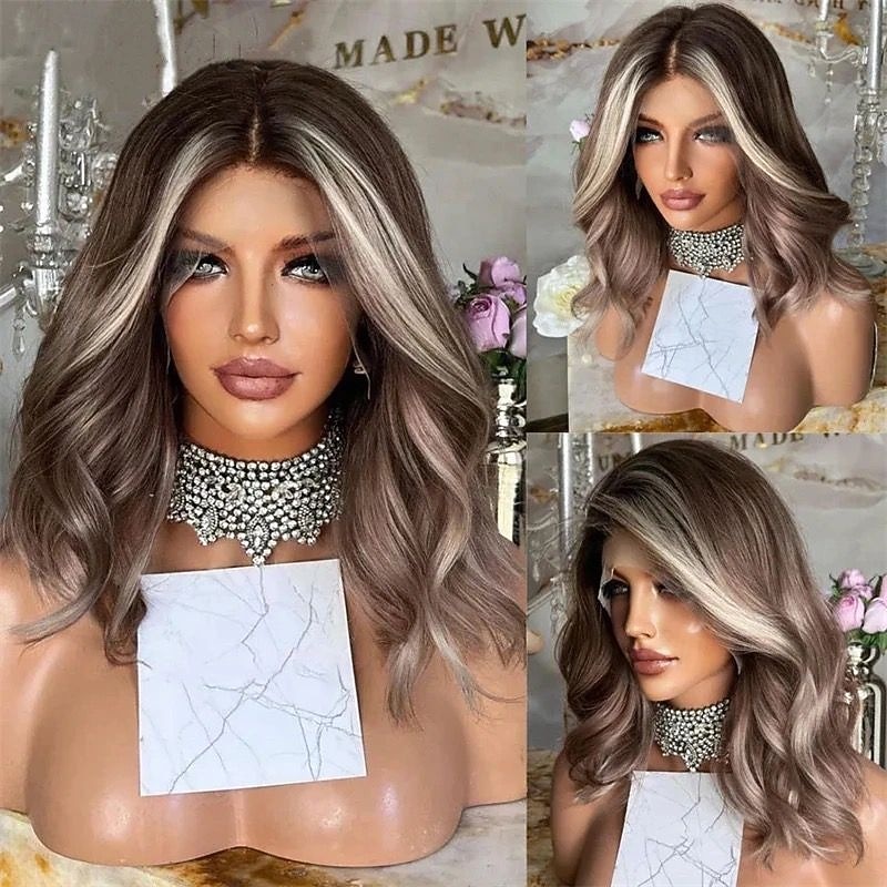 Remy Human Hair 5x5 Closure 13x4 Lace Front Wig Short Bob Brazilian Hair Wavy Blonde Multi-color Wig 130% 150% Density with Baby Hair Highlighted / Balayage Hair Glueless Pre-Plucked For Women Short