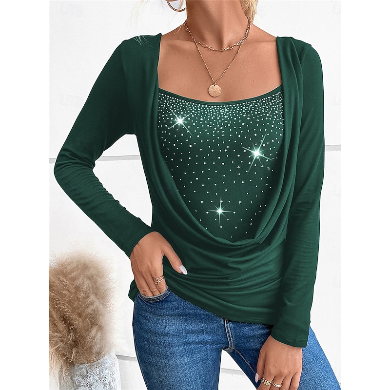 Women's Shirt Sequin Sparkly Party Solid Color Basic Casual Long Sleeve Crew Neck Regular Tops Daily Patchwork Black Wine Green Fall Winter 9