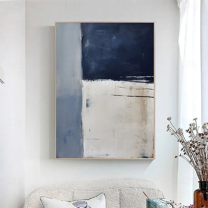 Handpainted White Blue Textured Painting Oversized 3D handmade Abstract Geometric Wall Art painting Large Minimalist black white textured Painting for Living Room bedroom Wall Decor Abstract Art2