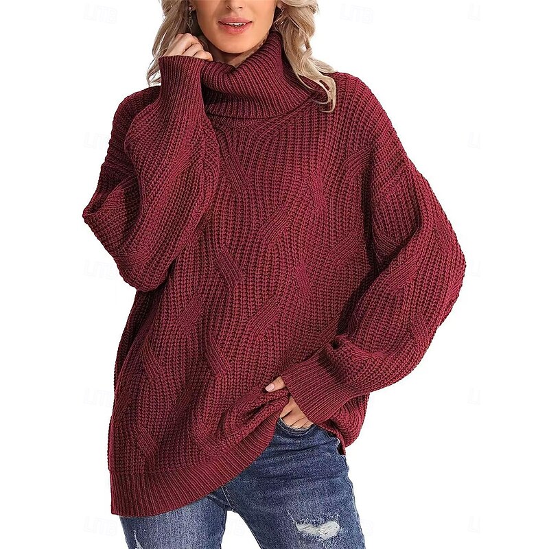 Women's Sweater Pullover Sweater Jumper Casual Soft Pure Color Ribbed Turtleneck Knitted Long Sleeve Regular Tops Knit Outdoor Daily Weekend Wine Blue Fall Winter
