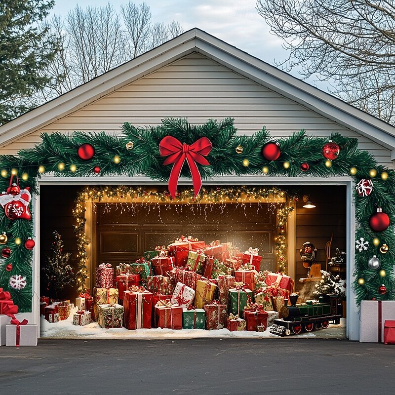 Christmas Door Decorations Outdoor Garage Door Cover Xmas Christmas Gifts Banner Farmhouse Large Christmas Backdrop for Holiday Outdoor Garage Door Home Wall Decorations