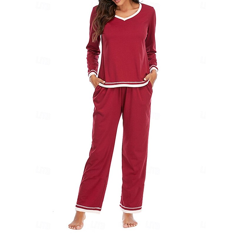 Women's Pajama Set Pure Color Casual Comfort Home Daily Cotton Comfort Warm Crew Neck Long Sleeve T shirt Pant Elastic Waist Fall Winter Home Outfits