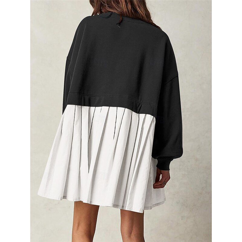 Women's Casual Dress Mini Dress Patchwork Fake two piece Casual Crew Neck Long Sleeve Black Navy Blue Khaki Color3