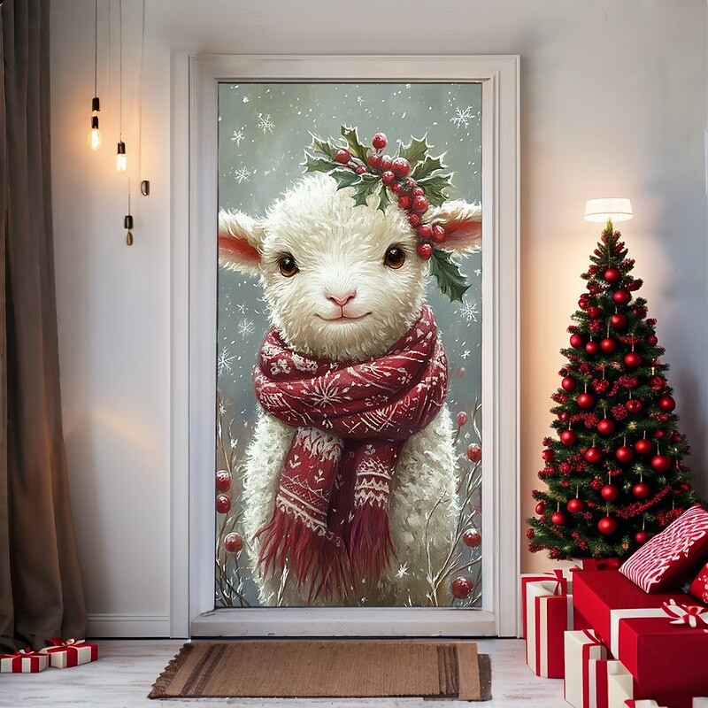 Christmas Door Decorations Door Covers Xmas Sheep Door Tapestry Door Curtain Decoration Backdrop Indoor/Outdoor Door Banner for Front Door Farmhouse3