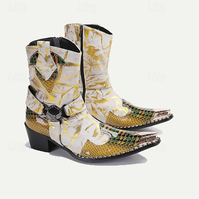 Men's Gold Snakeskin Leather Motorcycle Boots – Western Style Pointed Toe Ankle Boots with Buckle Straps and Bold Metallic Accents 7