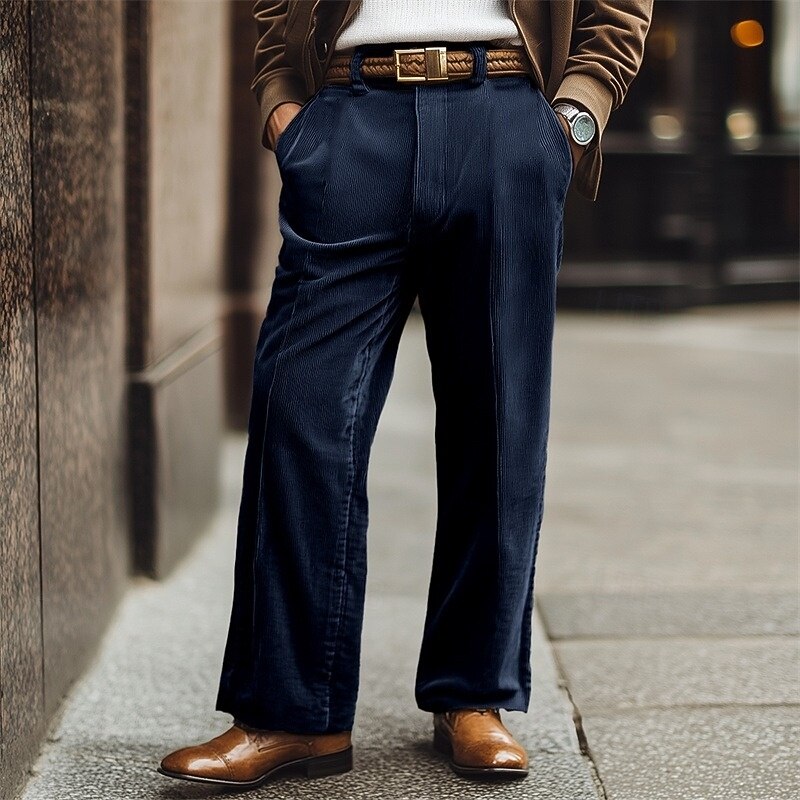Men's Dress Pants Corduroy Pants Trousers Baggy Pants Pleated Pants Pocket Straight Leg Plain Comfort Soft Full Length Party Business Daily Fashion Streetwear Black Navy Blue4
