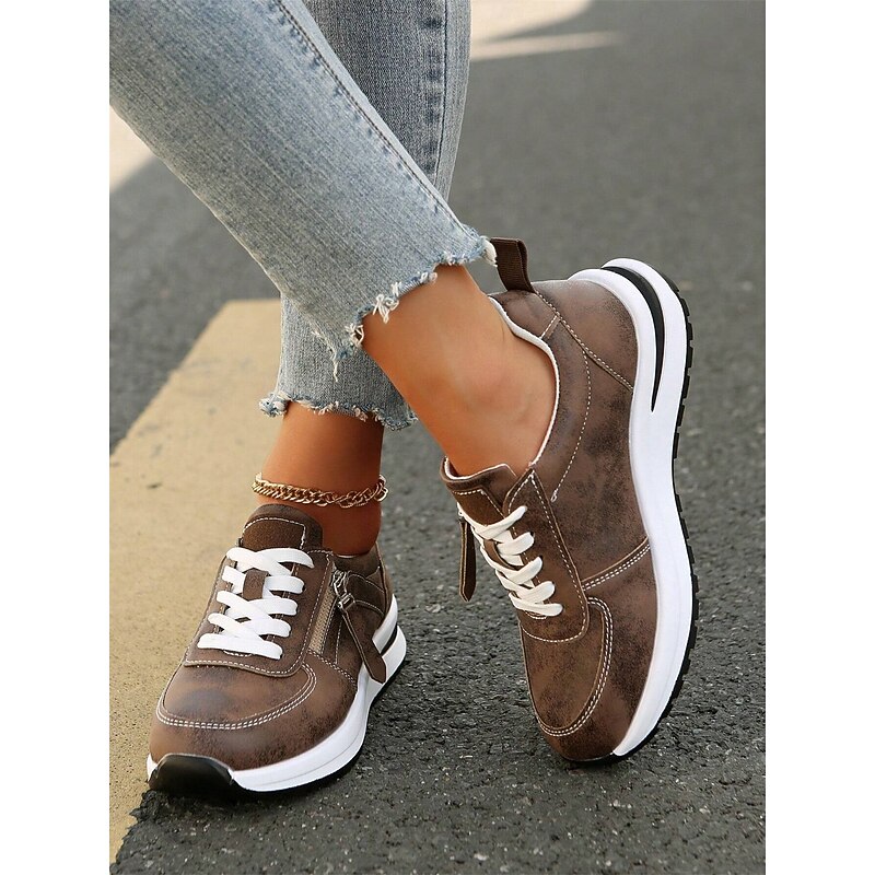 Women's Brown Faux Leather Casual Sneakers with Side Zipper – Comfortable Lace-Up Shoes for Everyday and Outdoor Wear