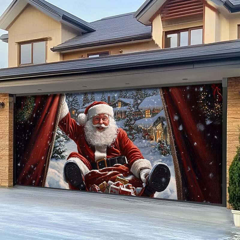 Christmas Door Decorations Garage Door Cover Santa Claus Xmas Outdoor Banner Large Christmas Backdrop for Holiday Outdoor Garage Door Home Wall Decorations2