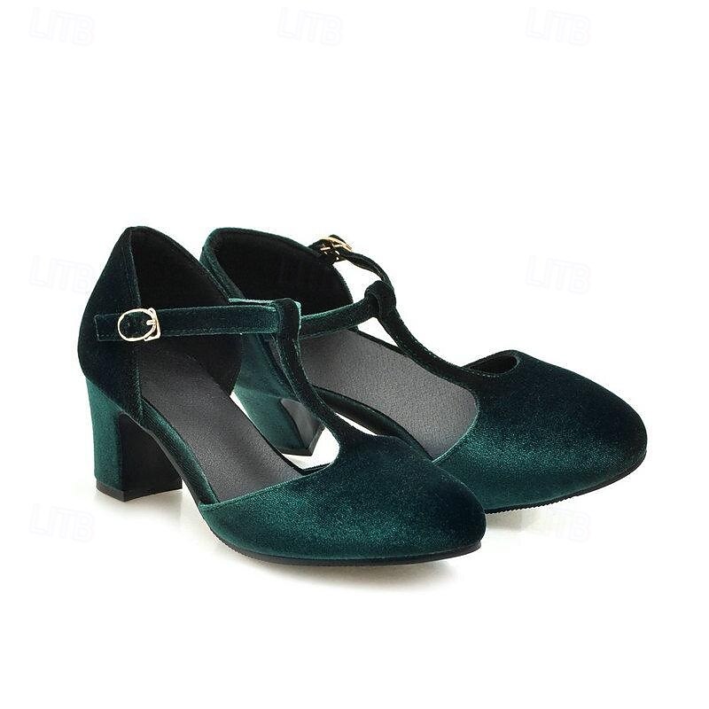 Women's Vintage Green Velvet T-Strap Heels - Elegant Block Heel Mary Jane Shoes for Evening Parties and Formal Occasions2