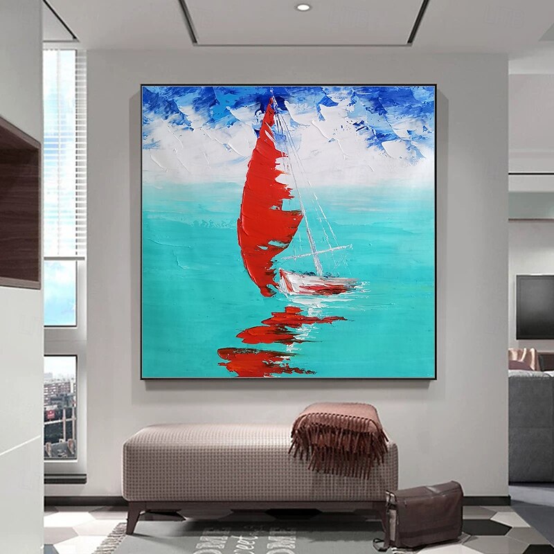 Mintura Handmade Sailboat Oil Paintings On Canvas Wall Art Decoration Modern Abstract Picture For Home Decor Rolled Frameless Unstretched Painting