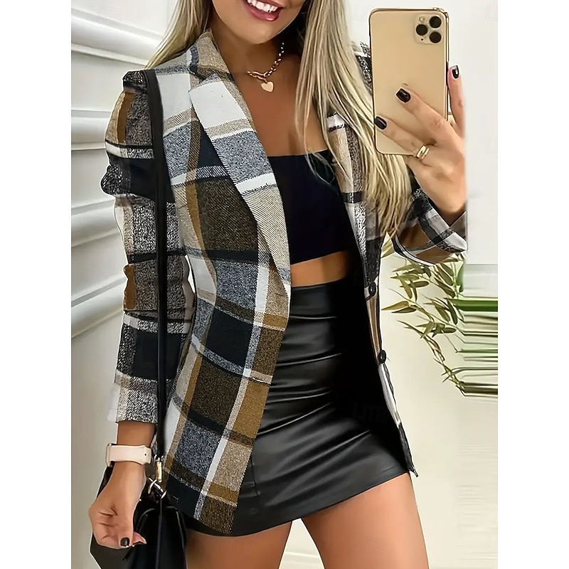 Women's Blazer Outdoor Adjustable Plaid Breathable Stylish Regular Fit Outerwear Long Sleeve Fall Coffee S