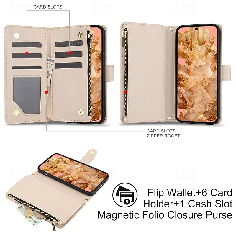 Phone Case For Pixel 9 Pro Pixel 9 Pro XL Pixel 8 Pro Pixel 8 Pixel 9 Pixel 7 Pixel 7 Pro Pixel 6 Pixel 6 Pro Back Cover with Stand Holder Zipper with Lanyard Retro TPU PU Leather3