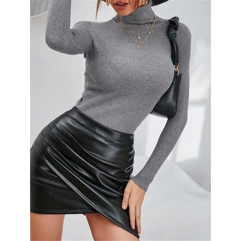 Women's T Shirt Plain Fashion Modern Casual Long Sleeve Turtleneck Regular Tops Daily Weekend Black White Pink Gray Fall Winter3
