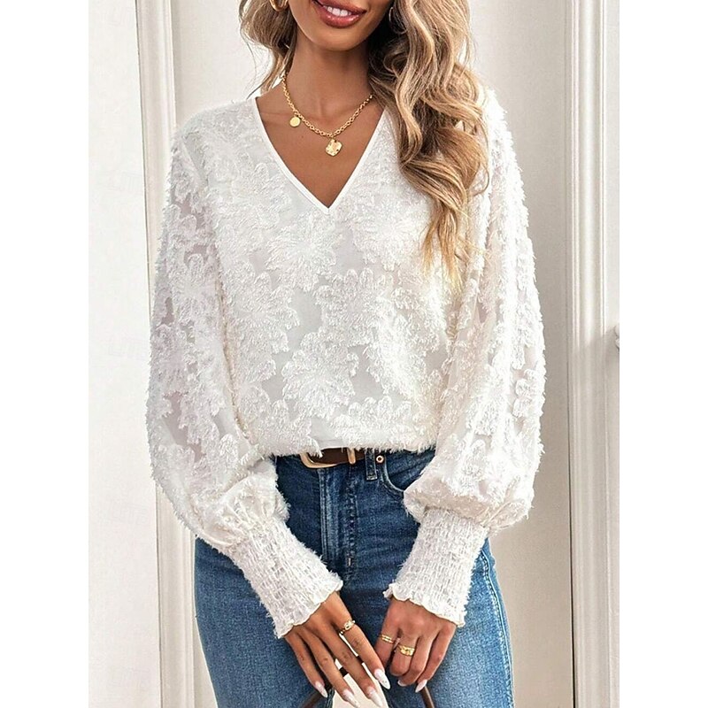 Women's Shirt Blouse Solid Color Basic Casual Long Sleeve Lantern Sleeve V Neck Regular Tops Daily Lace Embroidered White Fall Winter3