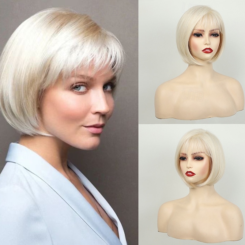 Short Platinum Blonde Wigs for Women Bob Wig Natural Straight Wig Side Part Hair for Daily Party Cosplay